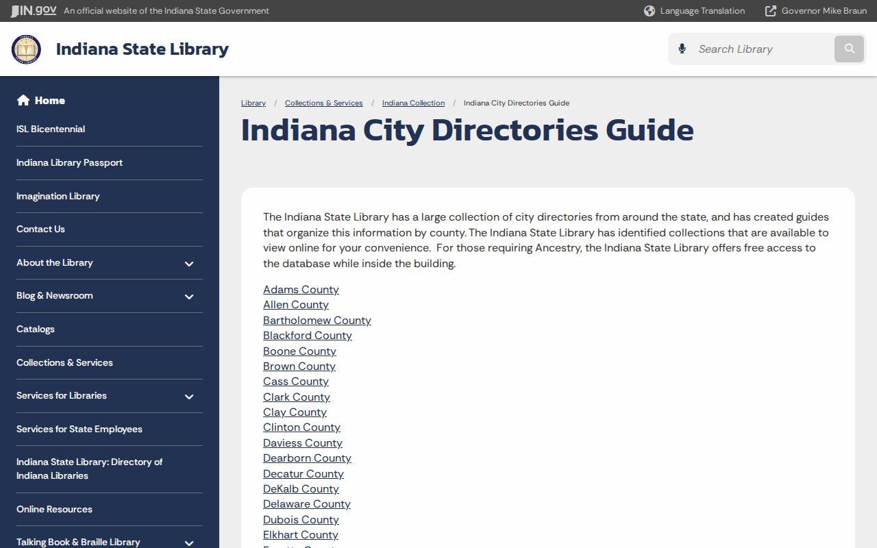 Indiana State Library city directory guide used to locate Richmond historical volumes