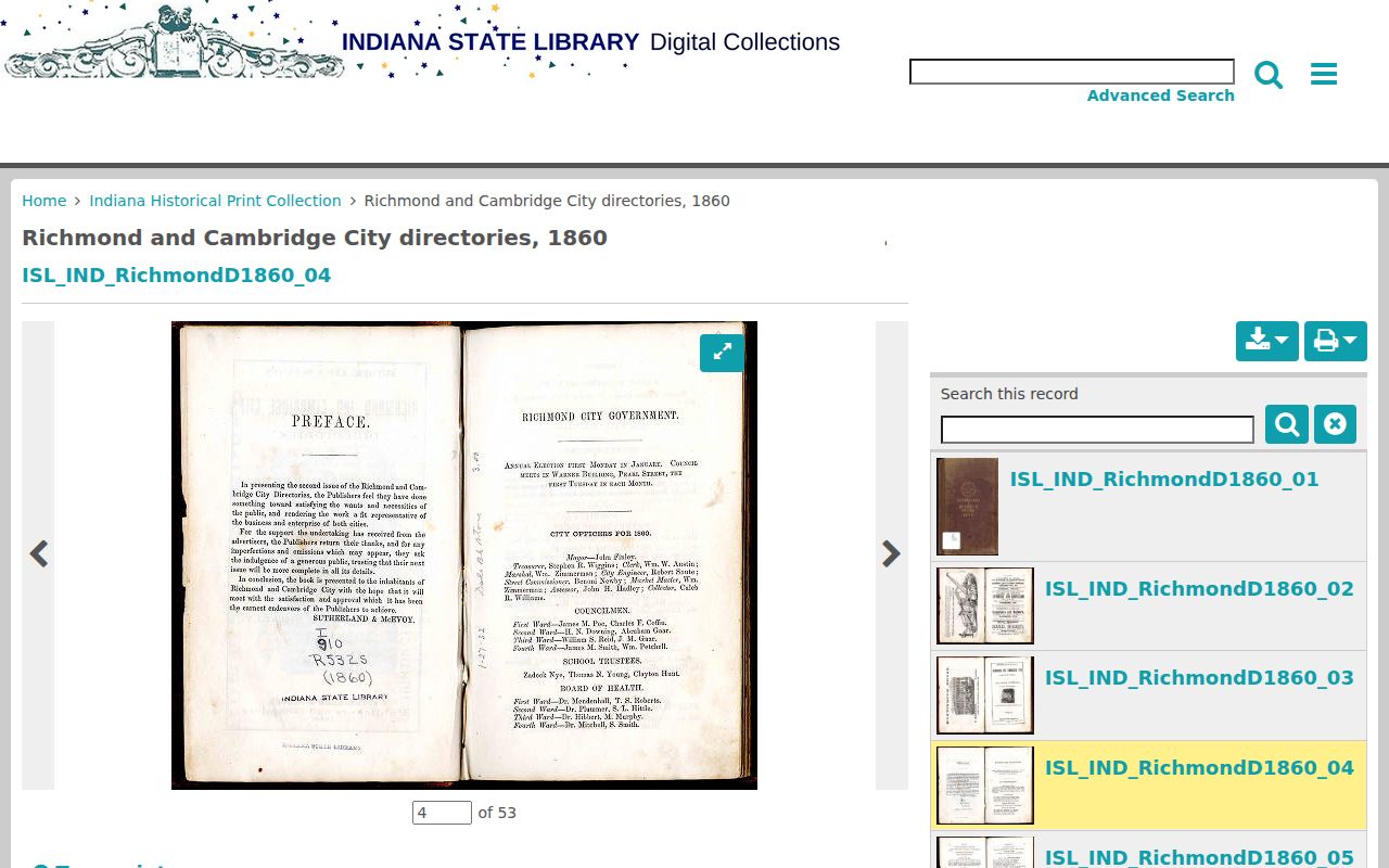 Indiana Memory record for the 1860 Richmond city directory