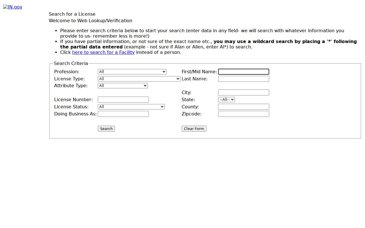 Indiana professional license search used to verify a Richmond name